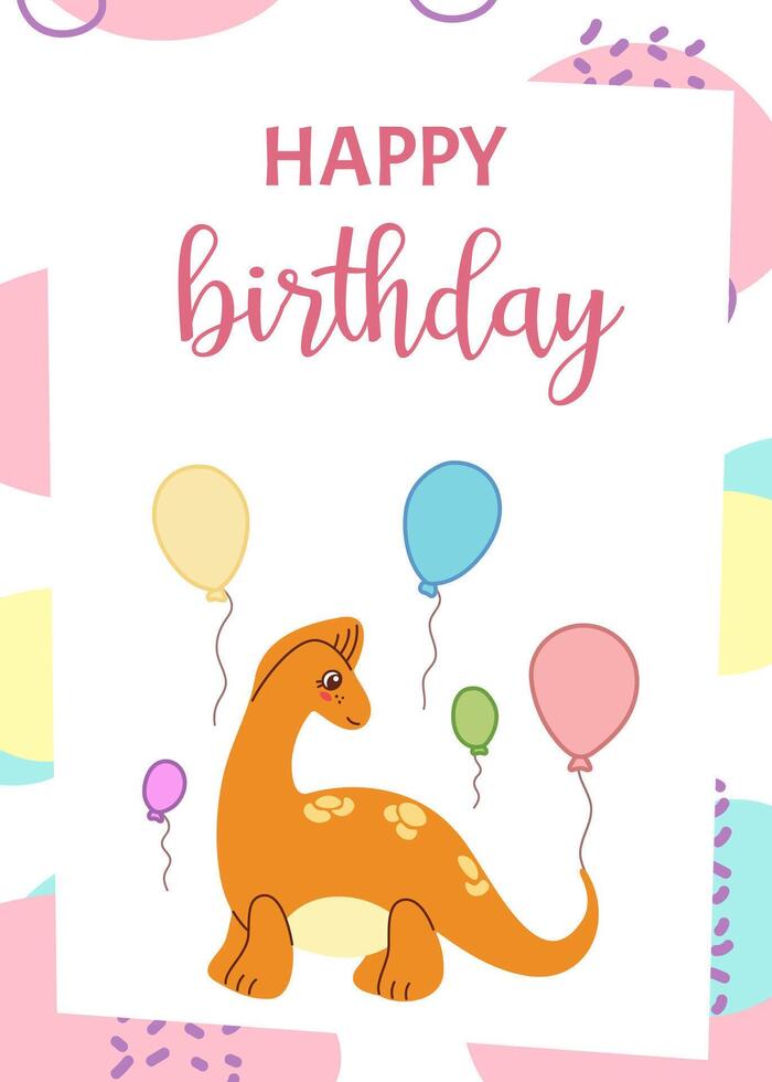 Colorful greeting card with hand drawn dinosaur and balloons. illustration for kids happy birthday vector