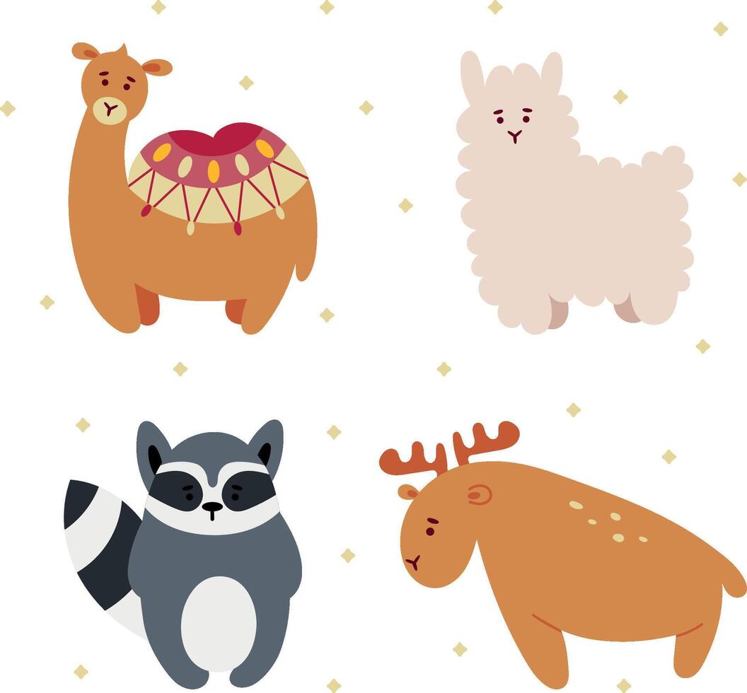 Set of cute animals in hand draw flat style.Crocodile,flamingo,elephant isolated on white background. illustration.Kids, childish graphic. Farm, wild, zoo, forest animals.Cartoon. vector