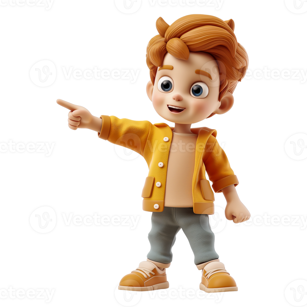 3D render illustration Cartoon character little boy points a finger isolated on transparent background. png