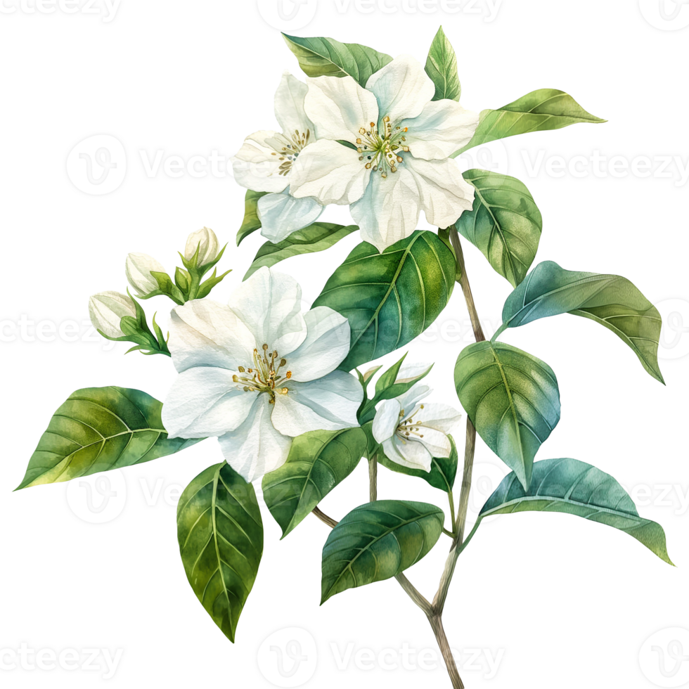 watercolor painting of jasmine white flower isolated on transparent background. png