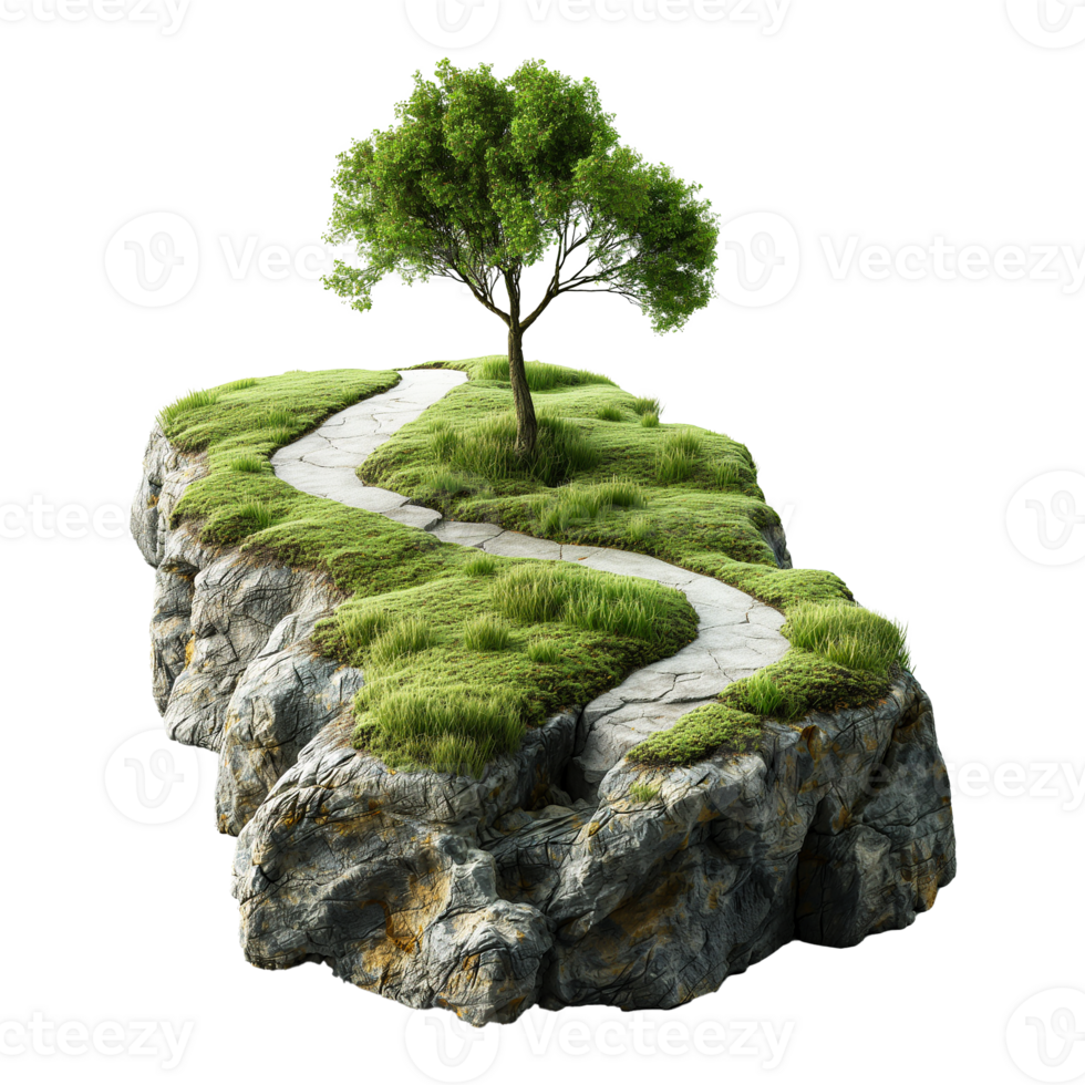 3d illustration of piece of green land with tree and highway road isolated on transparent background. travel and tourism. png