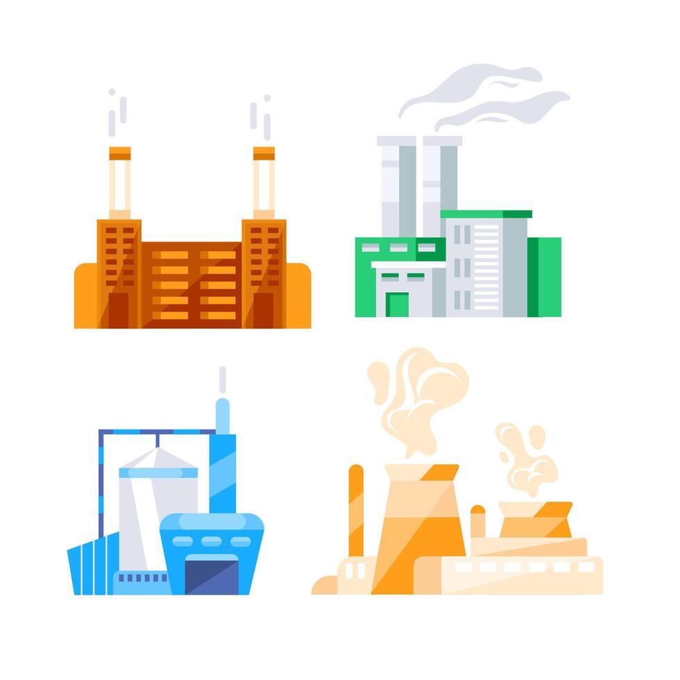 Set of industrial buildings generating smoke pollution vector