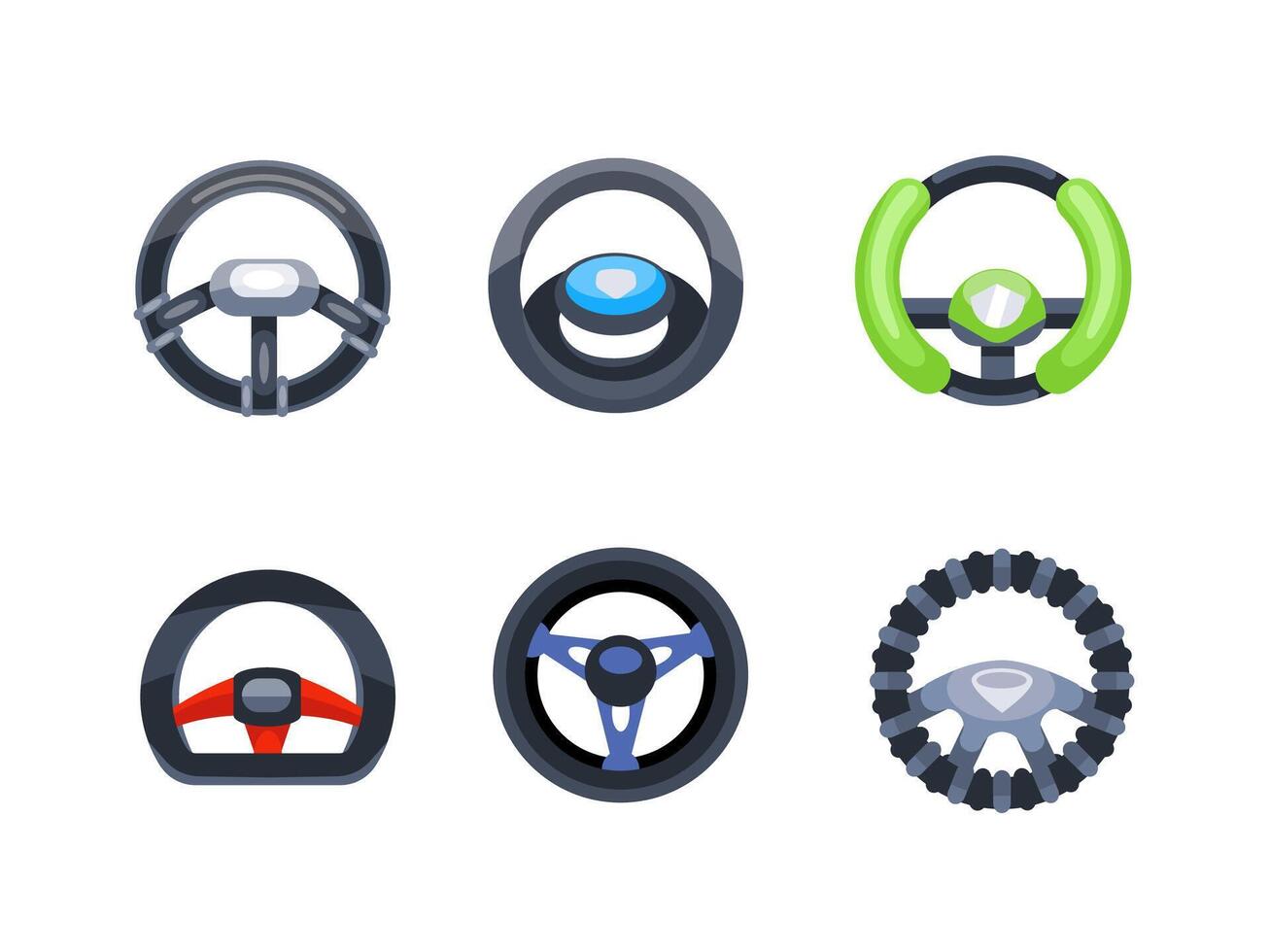 Set of six steering wheels showing different styles and designs for drivers of all types, from racing cars to everyday vehicles. vector