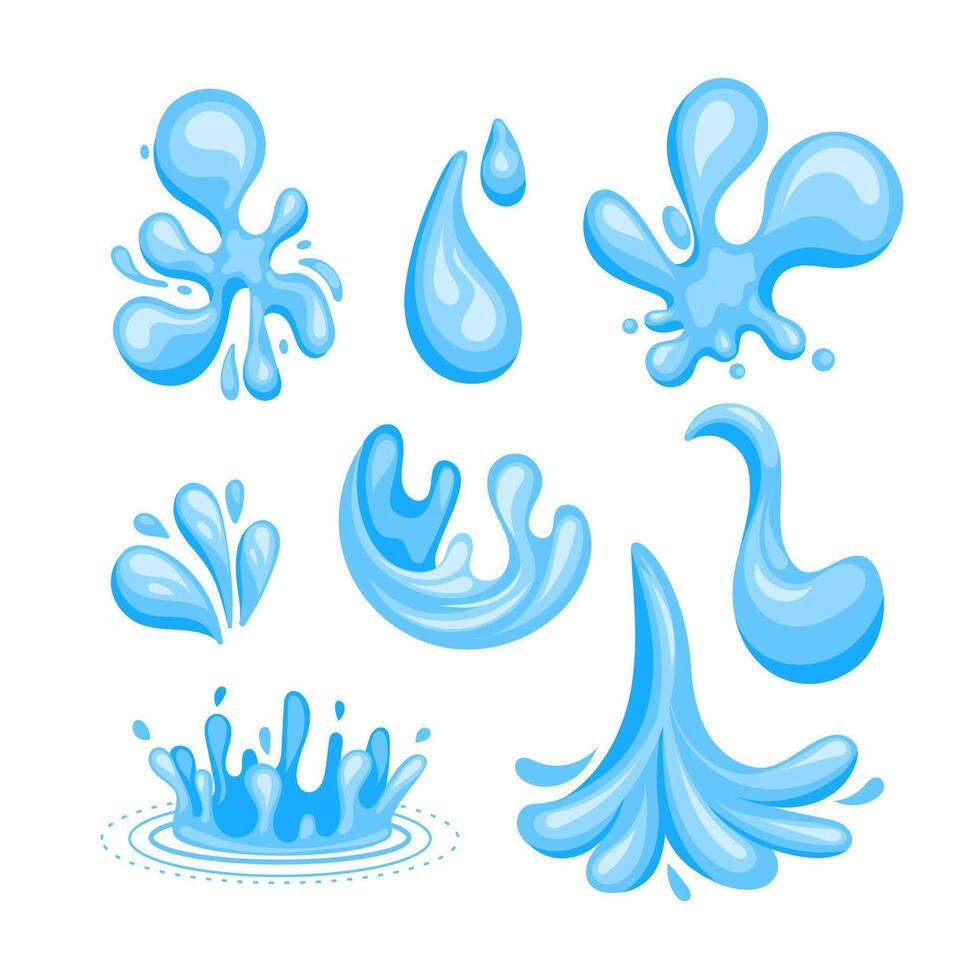 Set of blue water splashes flowing and splashing making different shapes vector