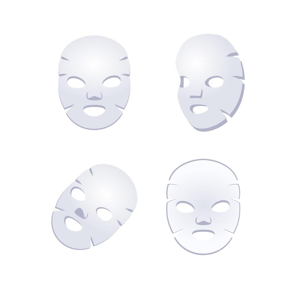 Experience ultimate self care with a set of four white cosmetic sheet masks for moisturizing your face. Embrace pampering with this luxury collection. vector