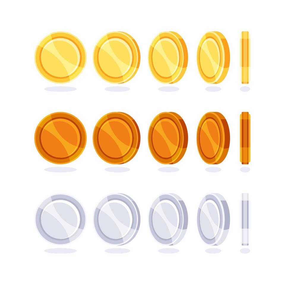 Cartoon style gold and silver coins rotating animation sprite sheet for game developers. vector