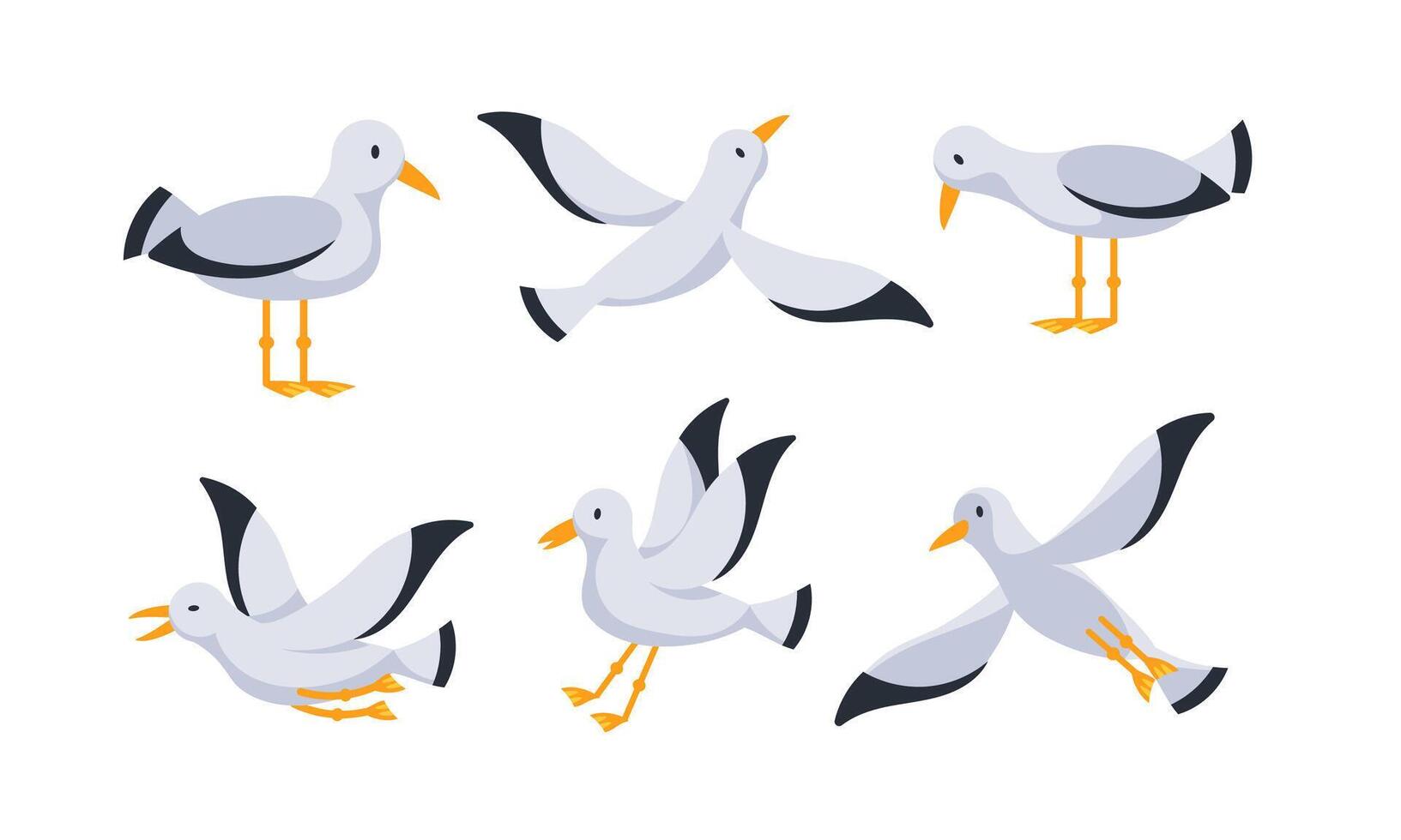 Set of cartoon seagulls standing and flying with spread wings vector