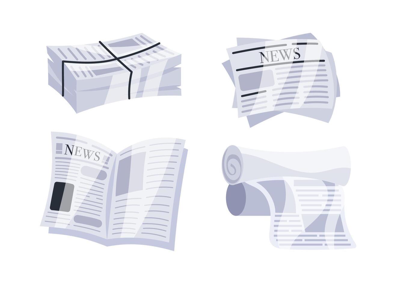 Set of illustrations representing newspapers folded, rolled and stacked vector