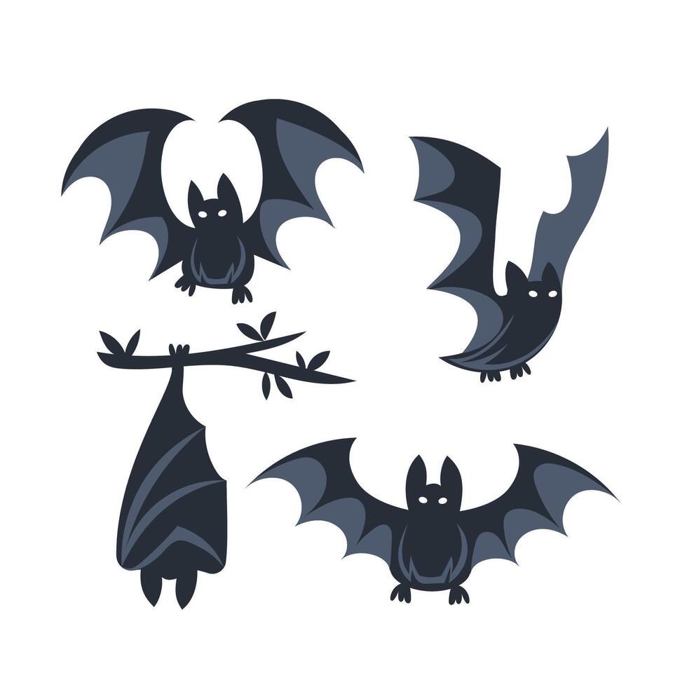 Four different cartoon bats with big eyes flapping their wings and hanging from a branch. vector