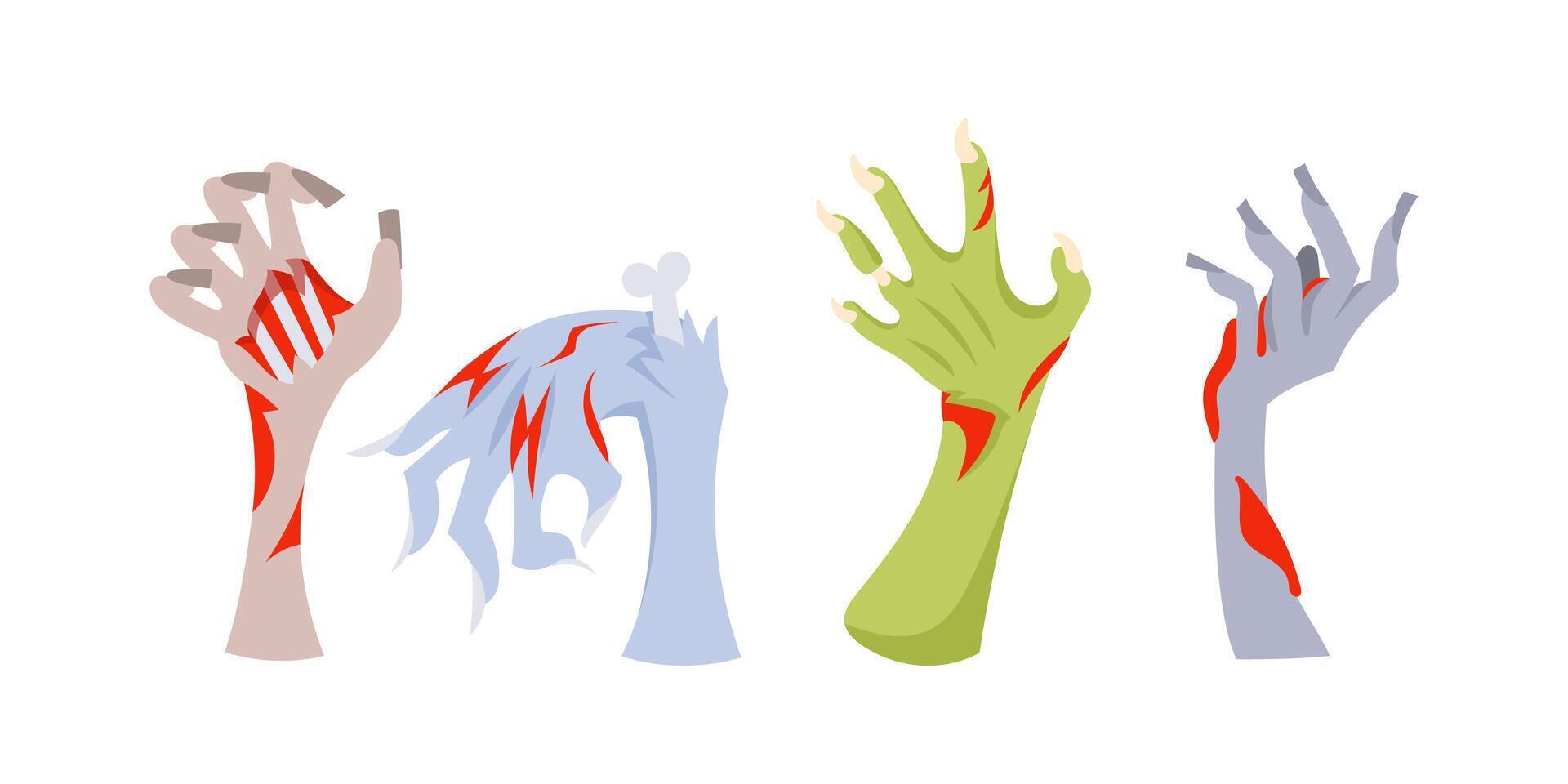 Four pairs of scary zombie hands rising up with blood for halloween party. vector