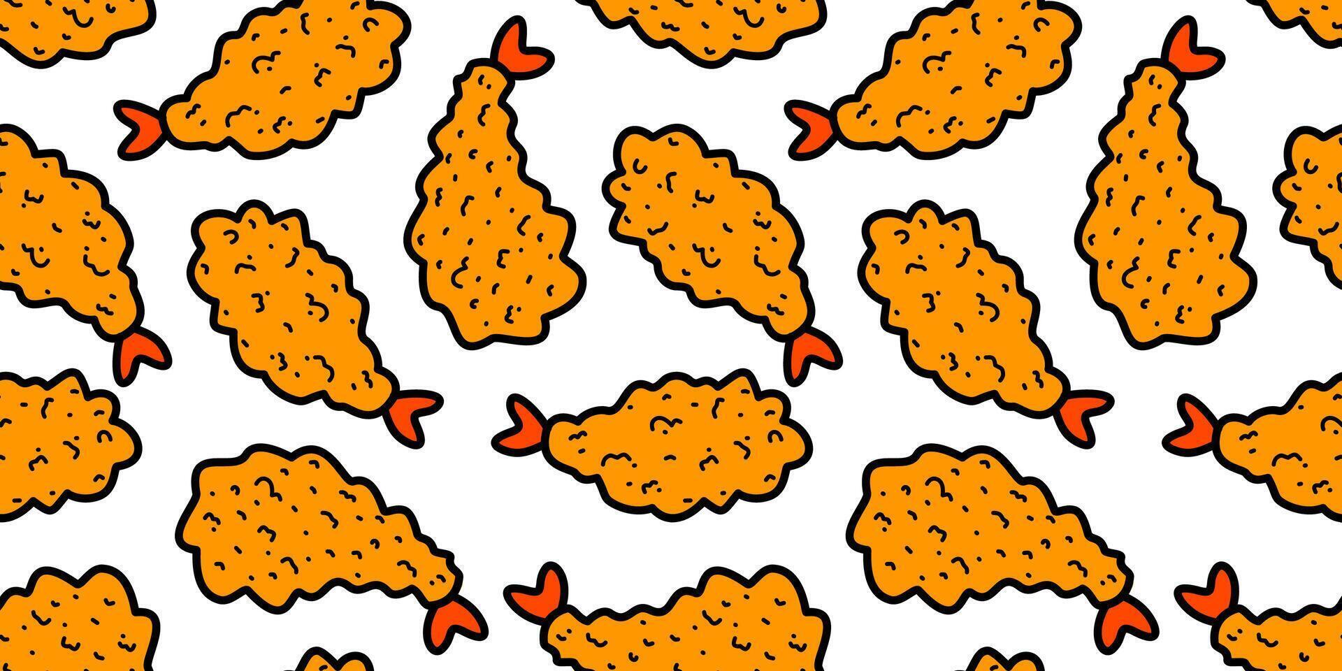 tempura fried shrimp seamless pattern. crispy shrimp tempura pattern background. Doodle Tempura Shrimp Pattern Background. fried shrimp pattern. vector