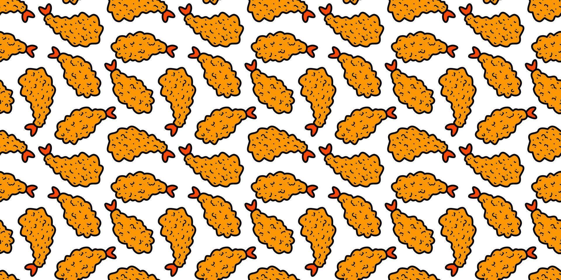 tempura fried shrimp seamless pattern. crispy shrimp tempura pattern background. Doodle Tempura Shrimp Pattern Background. fried shrimp pattern. vector