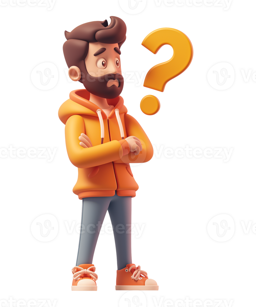3D illustration confused man thinking in a thoughtful pose with question mark isolated on transparent background. png