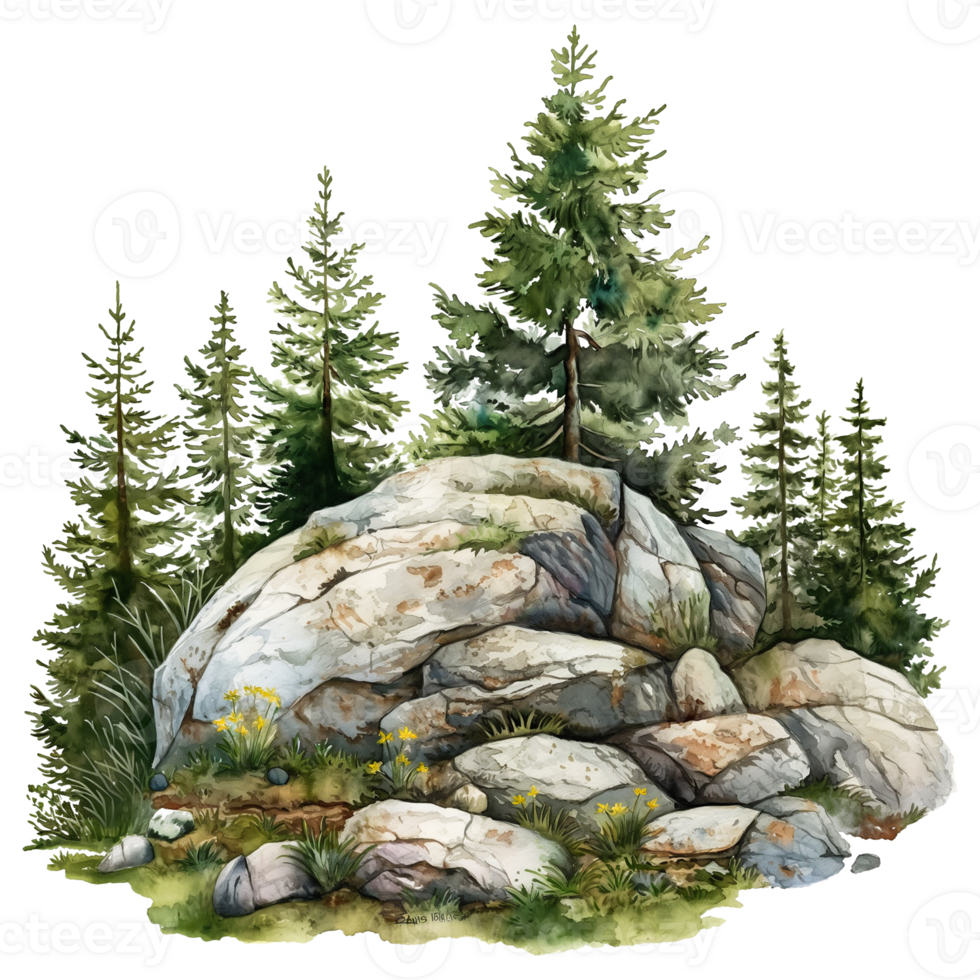 watercolor of piece green island with trees and rock isolated on transparent background. png