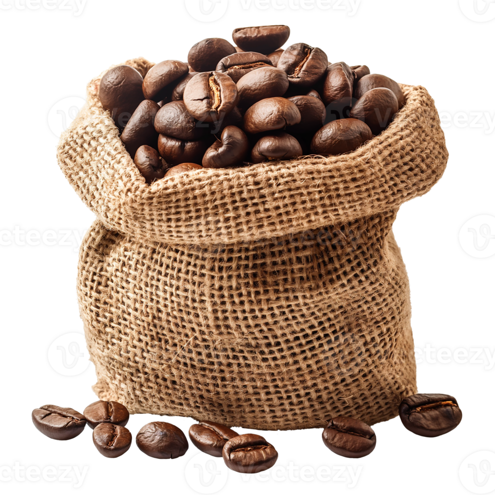 roasted coffee bean in burlap sack isolated on transparent background png