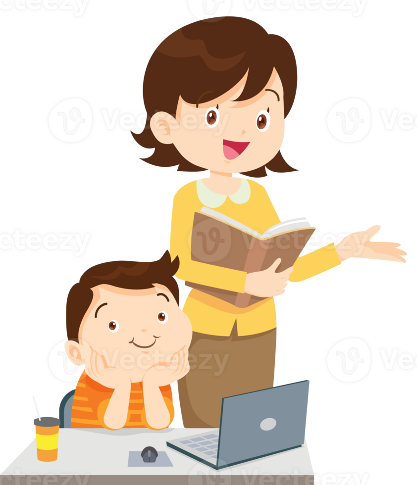 happy teacher and student learning computer png