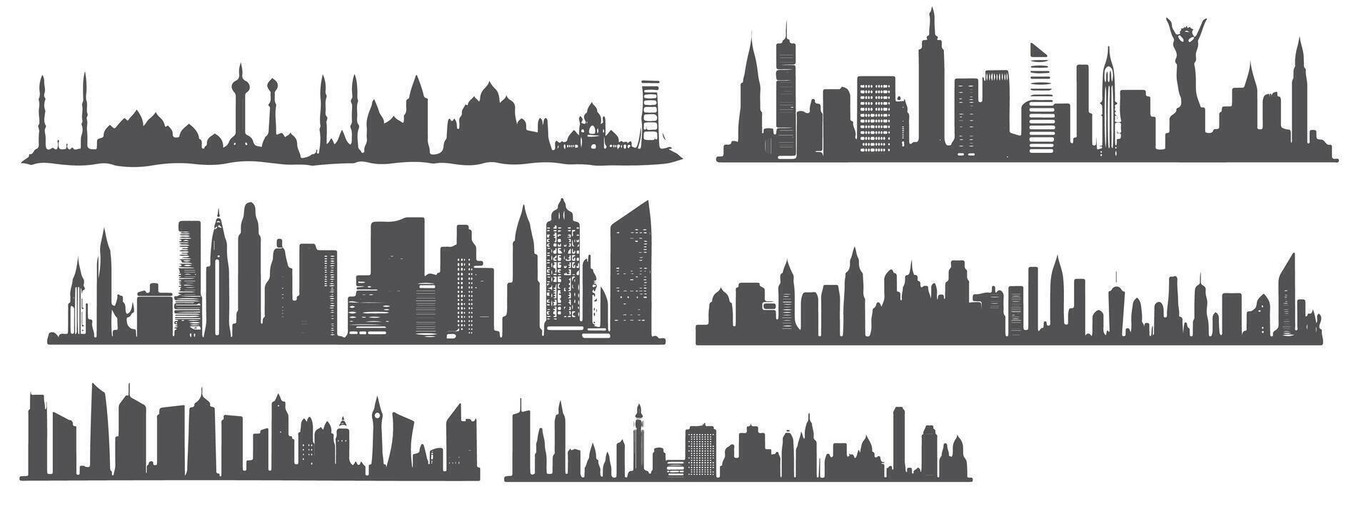 collection of city icons silhouettes of iconic buildings in black and white minimalist design. Each icon depicts city elements such as skyscrapers, bridges, and towers with sharp, detailed line vector