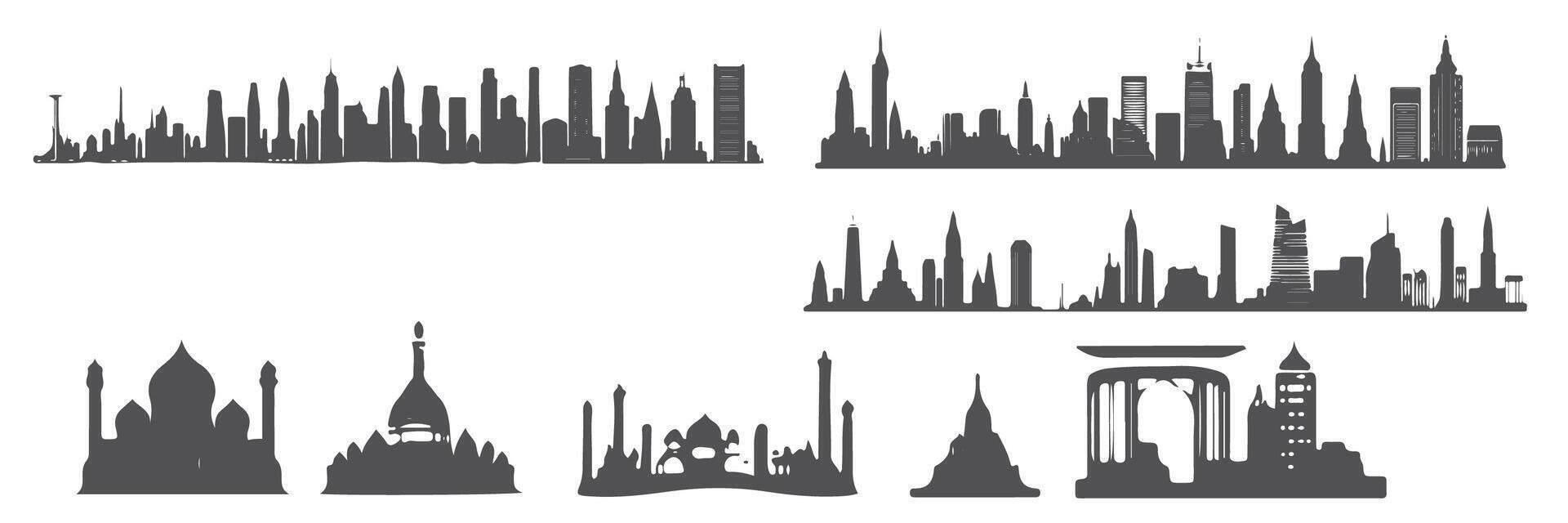 collection of city icons silhouettes of iconic buildings in black and white minimalist design. Each icon depicts city elements such as skyscrapers, bridges, and towers with sharp, detailed line vector