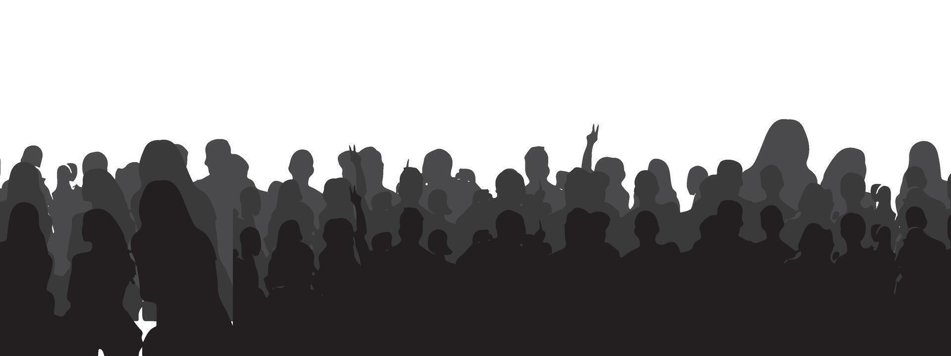 silhouette of a crowd of people watching a music concert in front of the stage with cheering and waving hands, suitable for poster, banner or advertising elements for concerts and parties vector