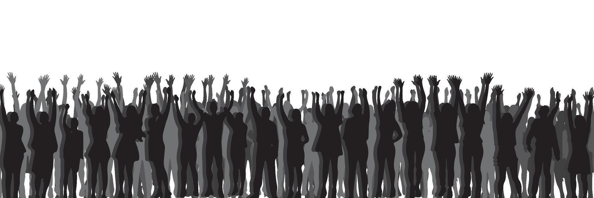 silhouette of a crowd of people watching a music concert in front of the stage with cheering and waving hands, suitable for poster, banner or advertising elements for concerts and parties vector