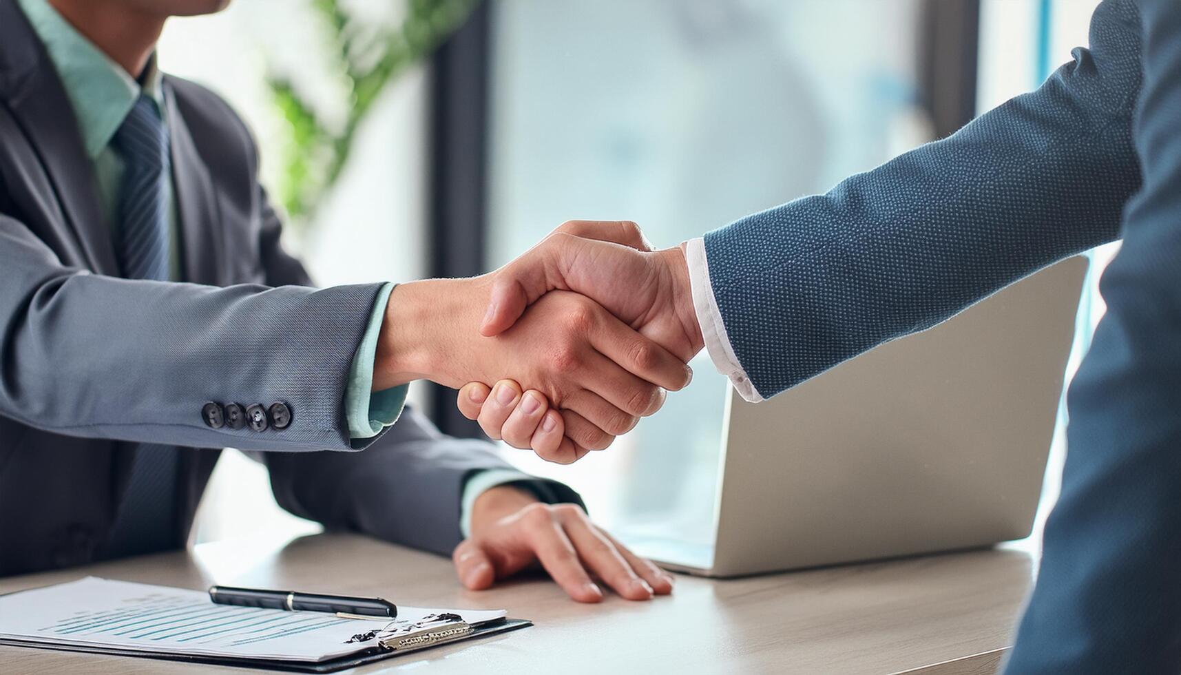 Closeup men shaking hands at office meeting. Handshaking on negotiation concept photo