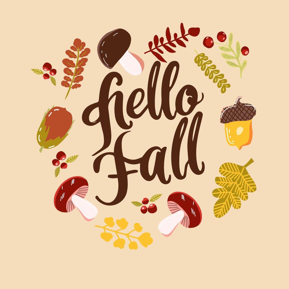 Hello Fall lettering, autumn decorative card. vector