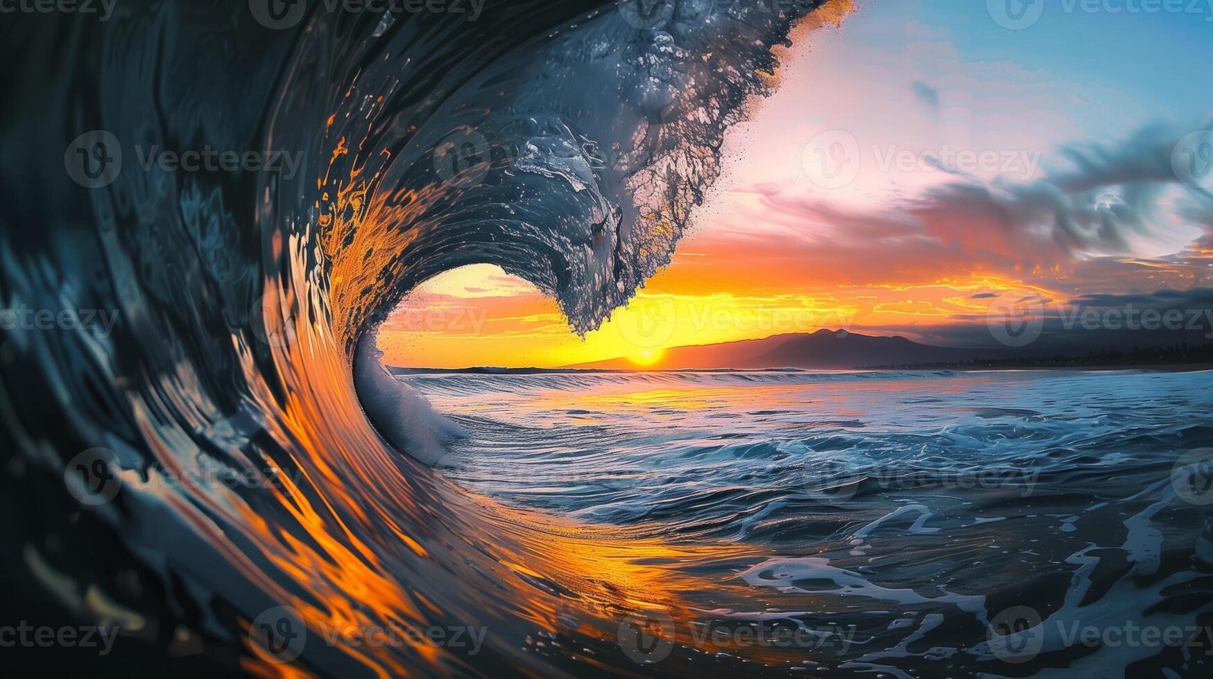 Mesmerizing Sunset Silhouette Inside a Breaking Ocean Wave photo
