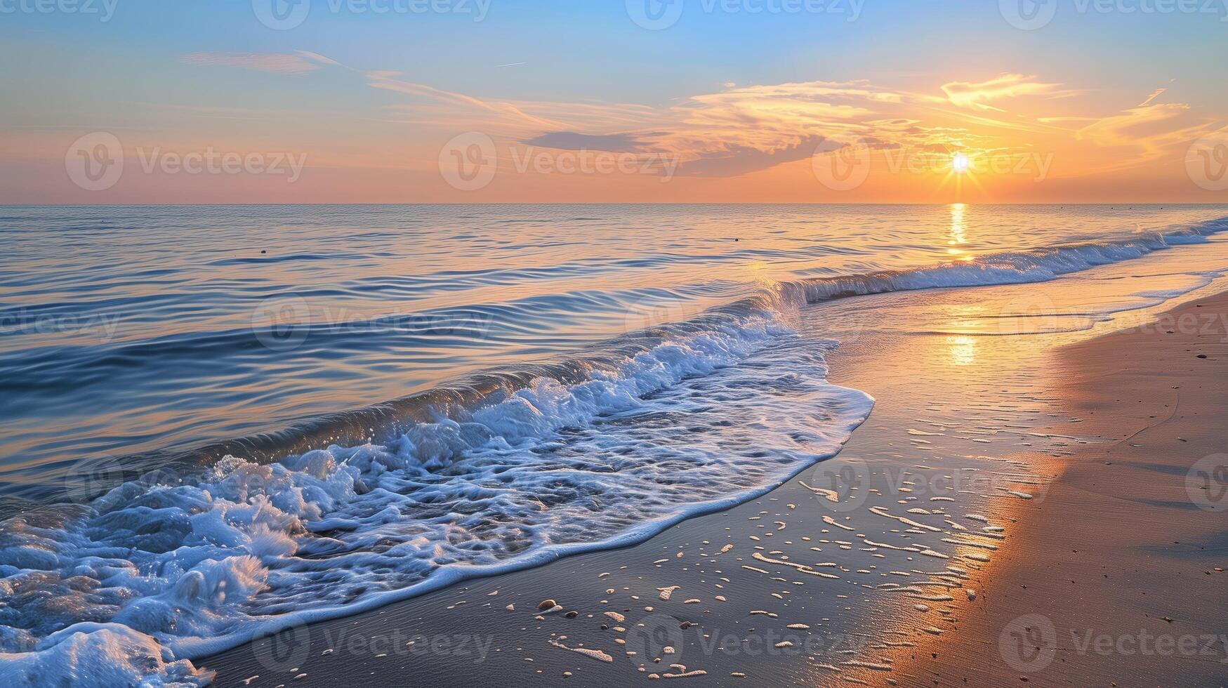 Sunset Serenade Gentle Waves sea Kiss the Shoreline at Dusk photo