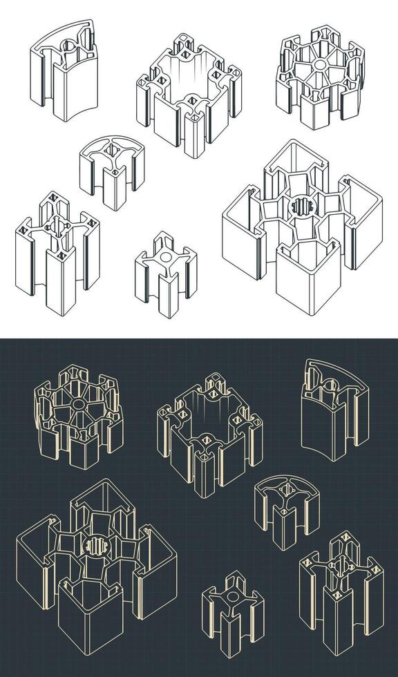 Aluminum profiles isometric blueprints vector