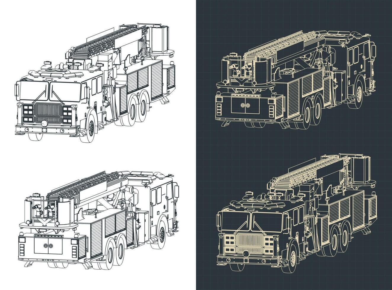 Big fire truck isometric technical drawings vector