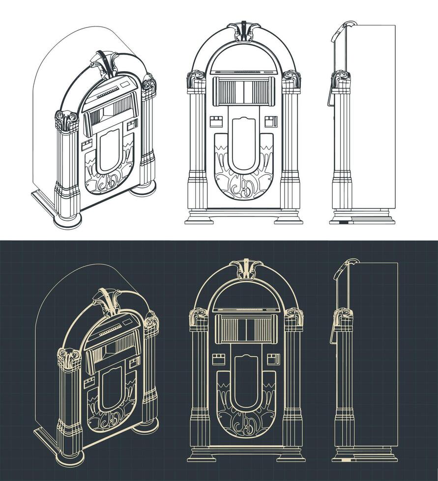 Retro jukebox technical drawings vector