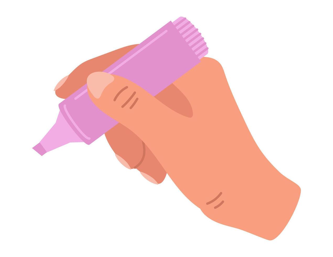 Human hand holding marker, drawing, highlighting. Isolated cartoon linear doodle illustration vector