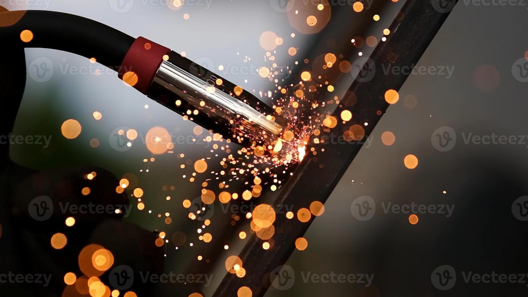Detail of heavy industry manufacturing, sparks come out of a metal working welder. Closeup of a welding machine in work. Grinding a metal door in production. Grinding a steel structure photo
