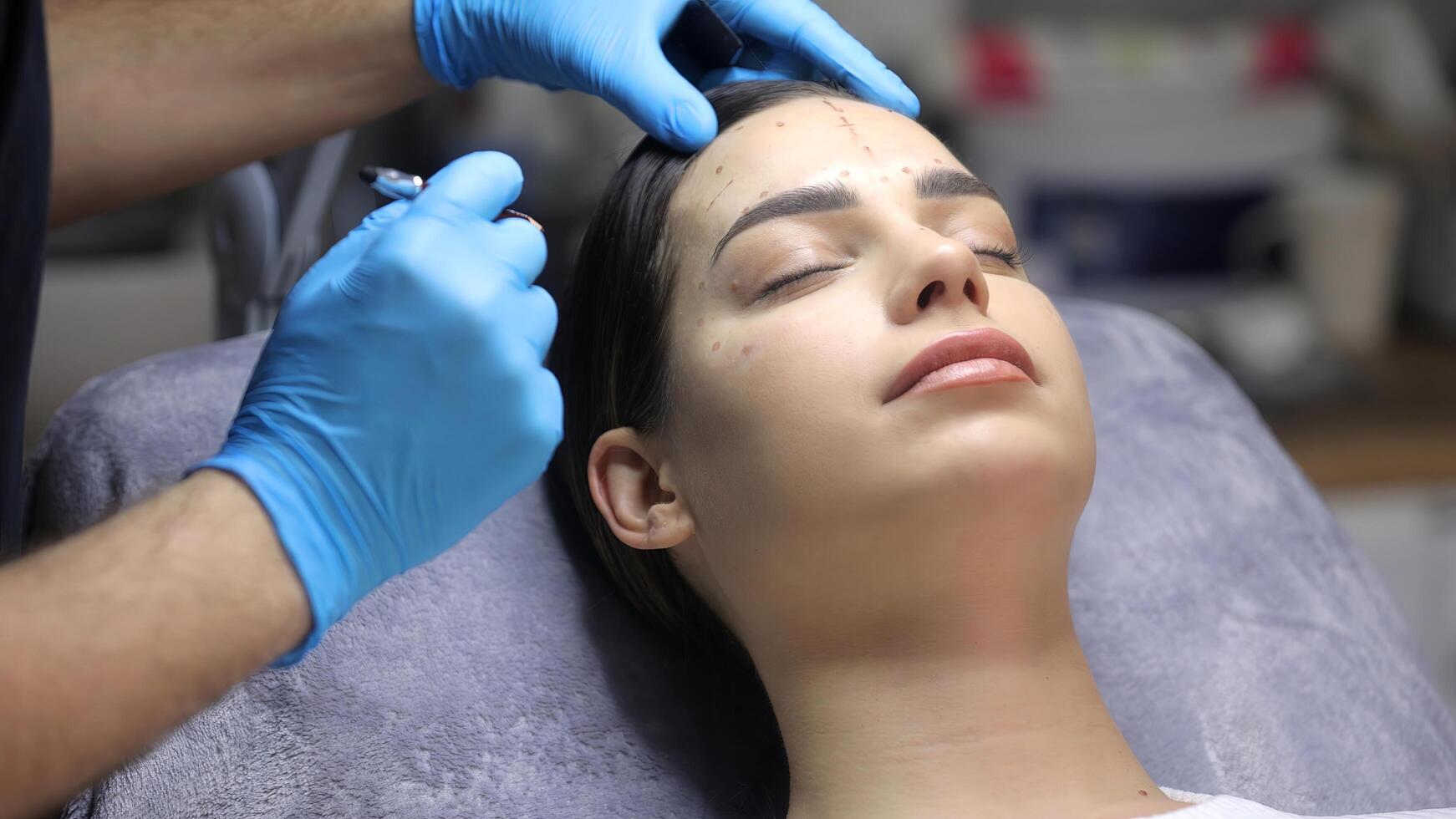 Doctor cosmetologist makes facial markings to young man before cosmetic injection with hyaluronic acid. Cosmetician marking forehead wrinkles before filler injection, skin perfection. Beauty clinic photo