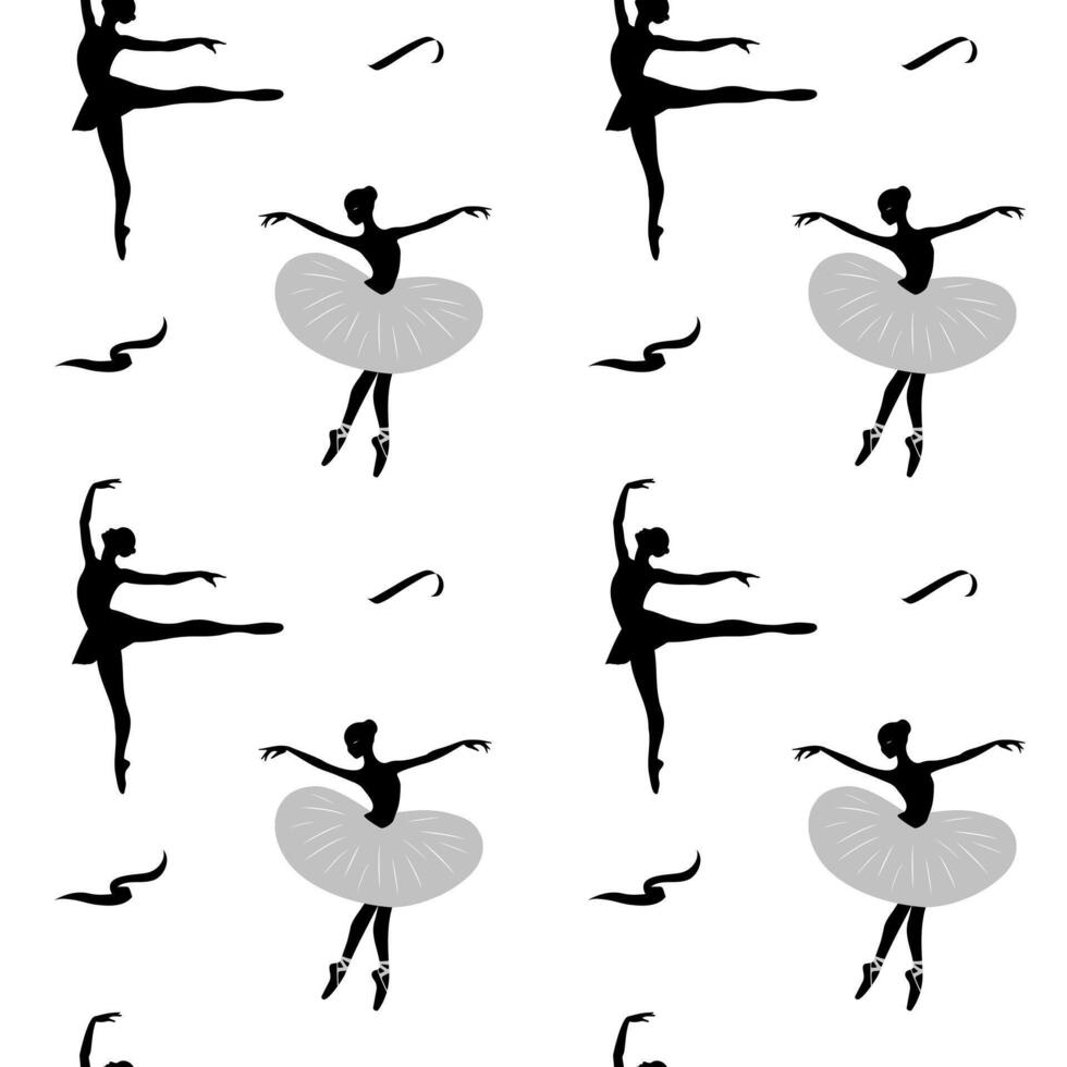 Dance background. Seamless pattern with silhouettes of ballerinas on a white background. Ballerinas in a tutu. Ballet dancing vector