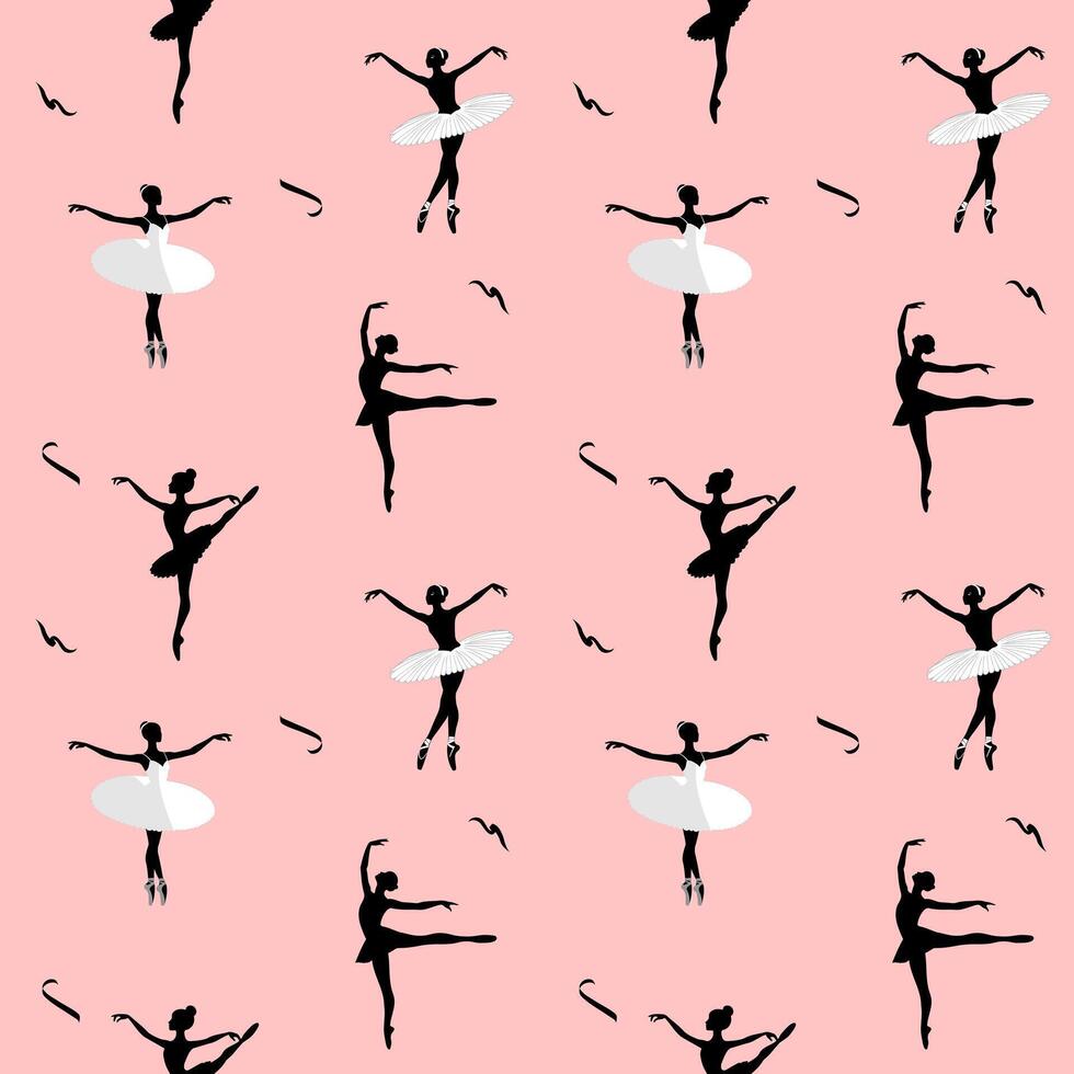 Ballet dancing. Seamless pattern with silhouettes of ballerinas on a pink background. Dance background. vector