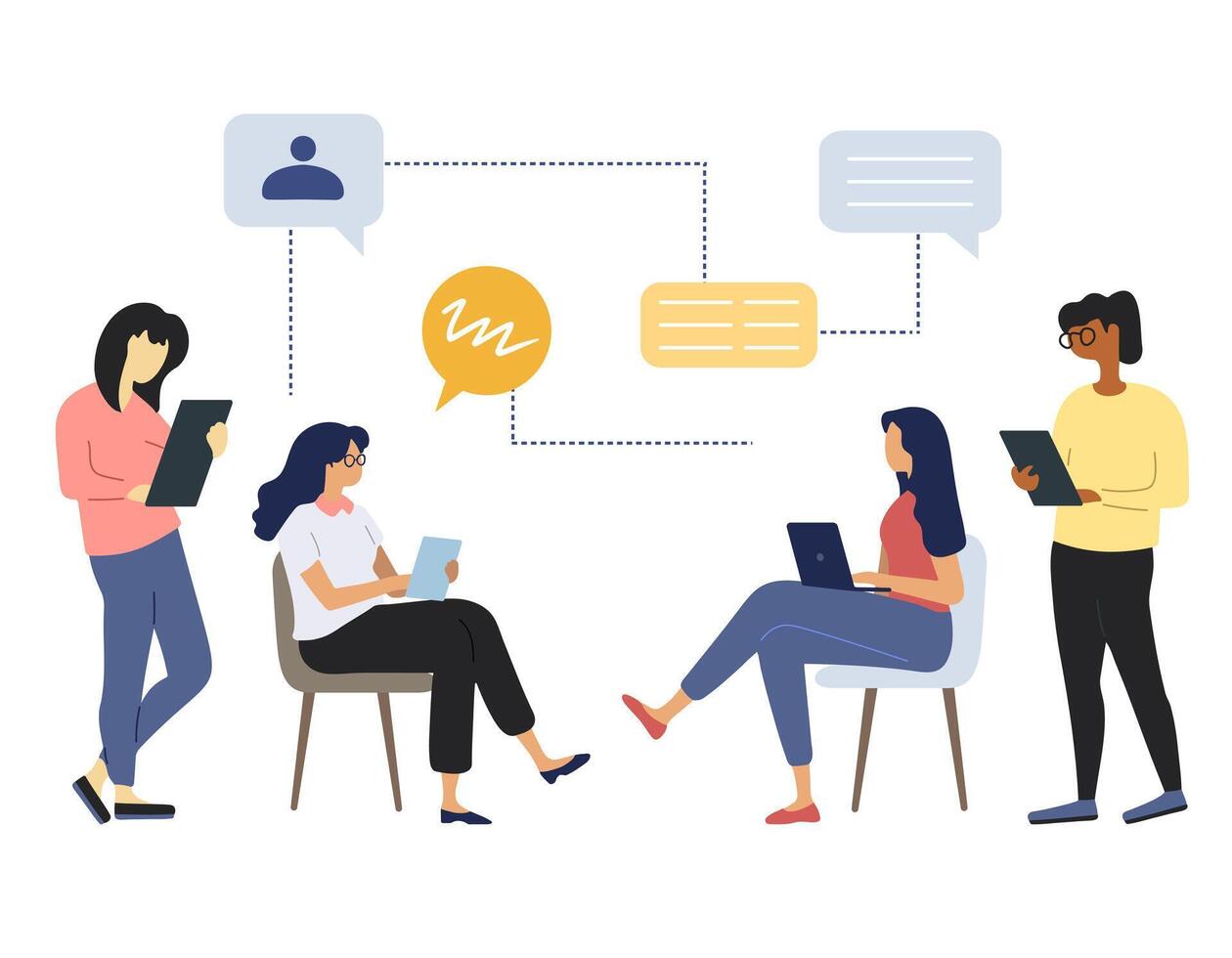 Girls work together and discuss their tasks in front of their gadgets. Flat style illustration. Office life. vector