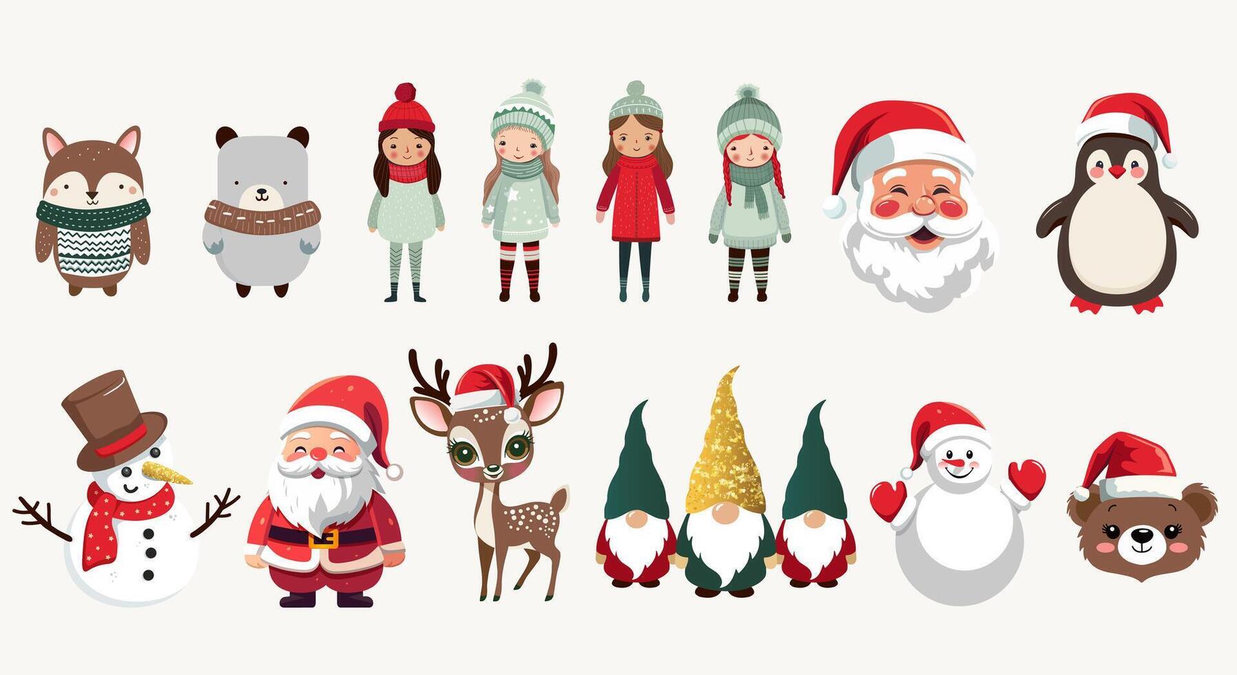 Winter characters set. Merry Christmas set with Santa, winter animals in hats, gnomes. For banner, card, package. vector