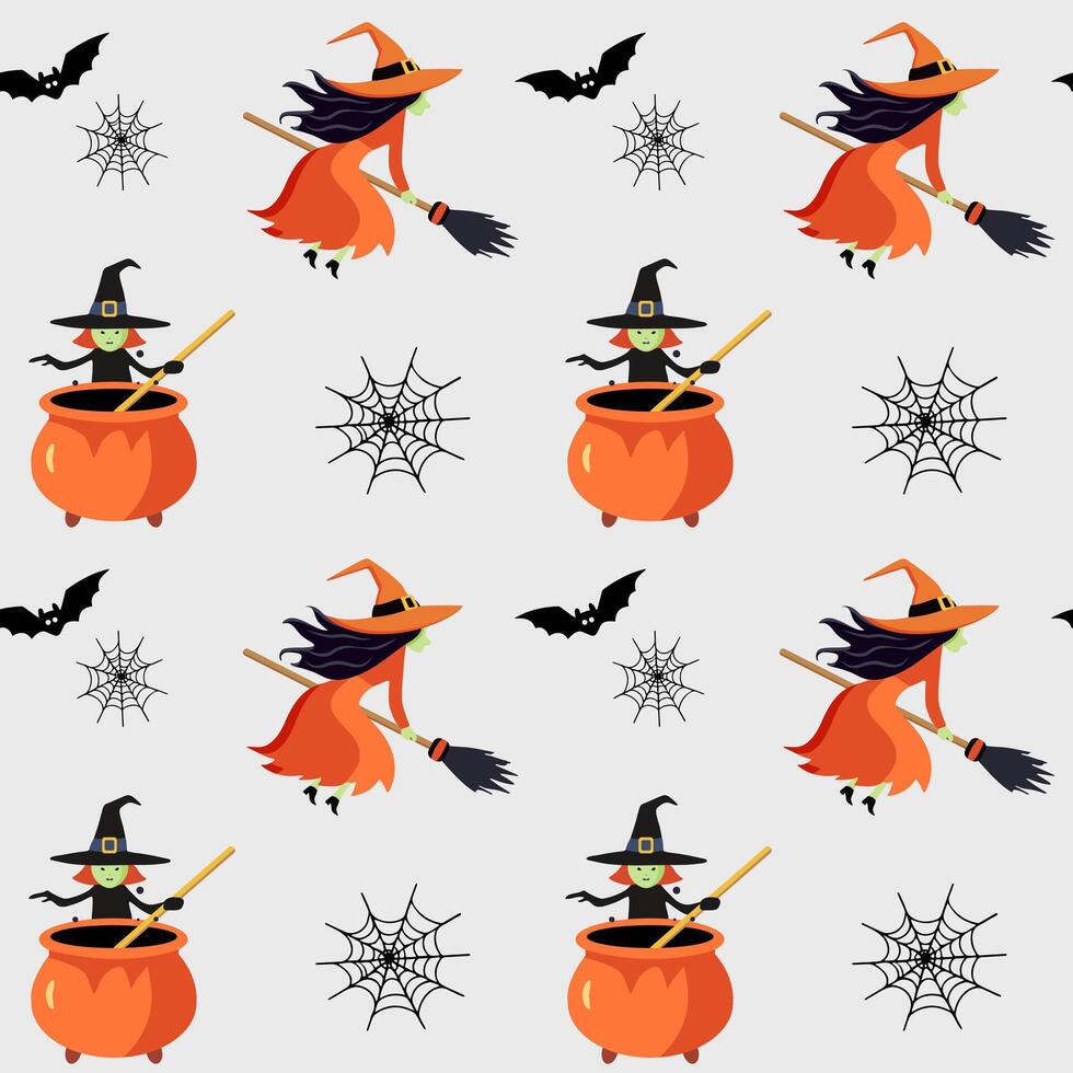 Halloween pattern with witch. Orange witch flying on broom and brews a potion. Halloween background, seamless pattern. vector