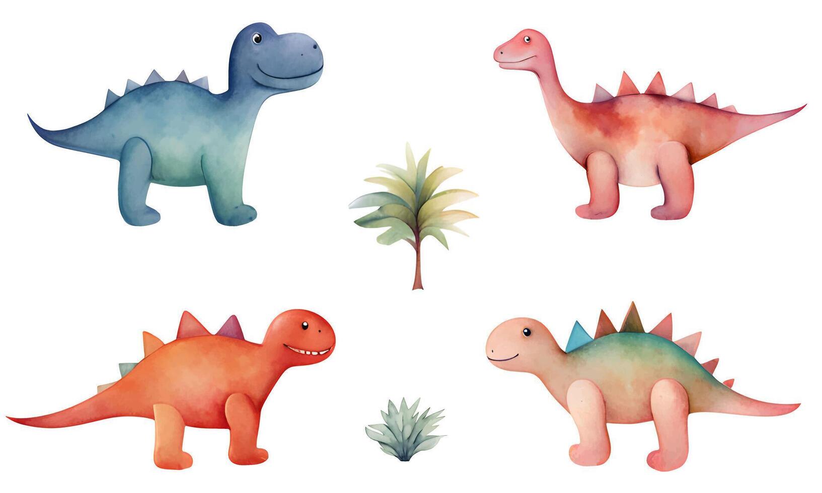 set of watercolor dinosaurs. Cute hand drawn dinosaur illustrations. Little dinosaurs vector