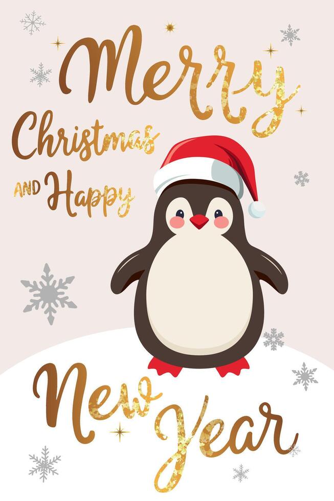 Christmas card with cute penguin. Gold lettering. illustration for New year invitation, postcard and banner vector