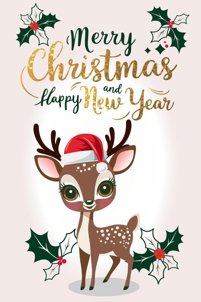 Christmas card with cute reindeer. New year poster. illustration for xmas invitation, postcard and banner vector