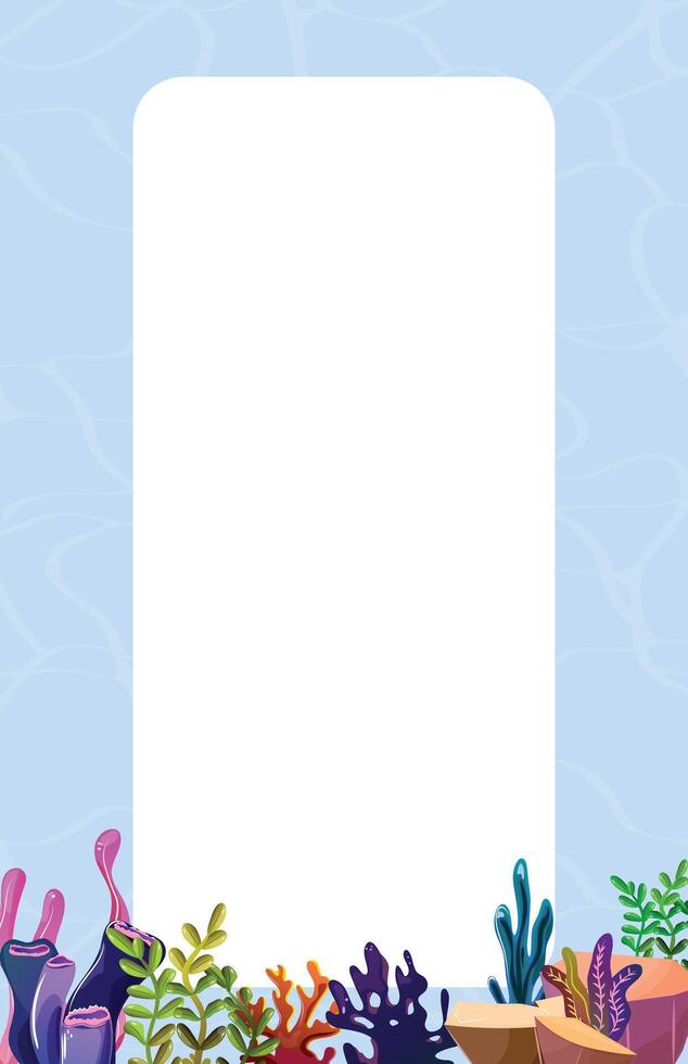 Vertical copy space banner featuring water reflection, coral, leaves, and stones at the bottom vector