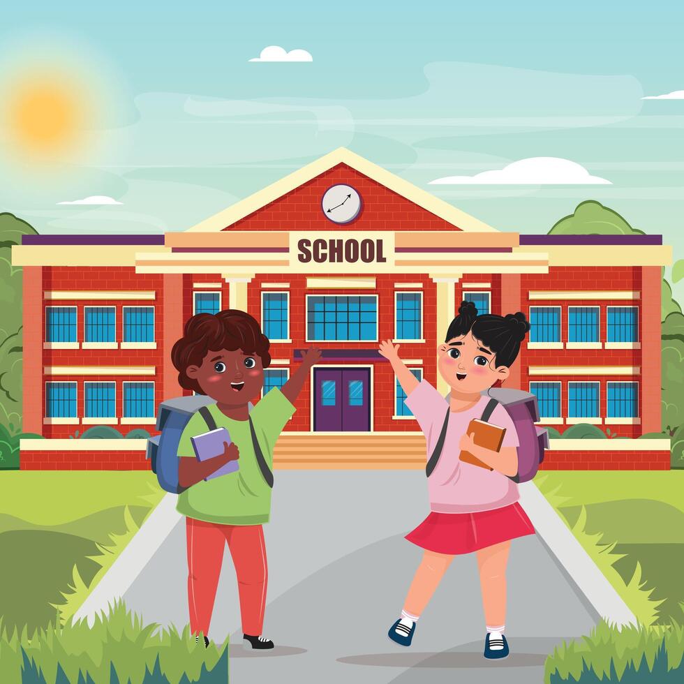 Illustration of two children excitedly greeting each other in front of their school vector