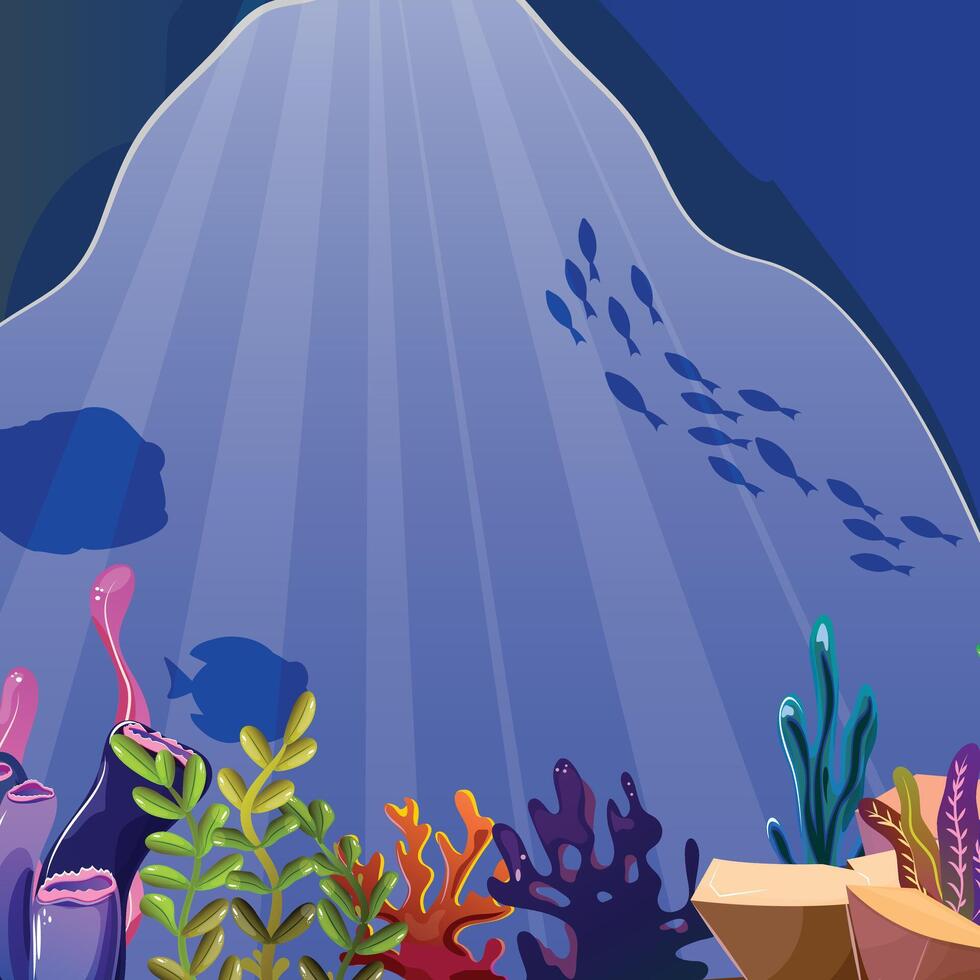 Square ocean illustration featuring vibrant corals and marine life. For banners, posters, advertisements vector