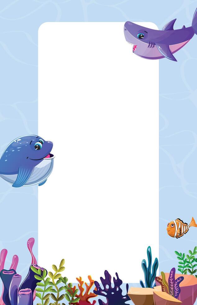 Underwater themed vertical banner with a central white space, featuring marine life and vibrant coral reefs and seagrass vector