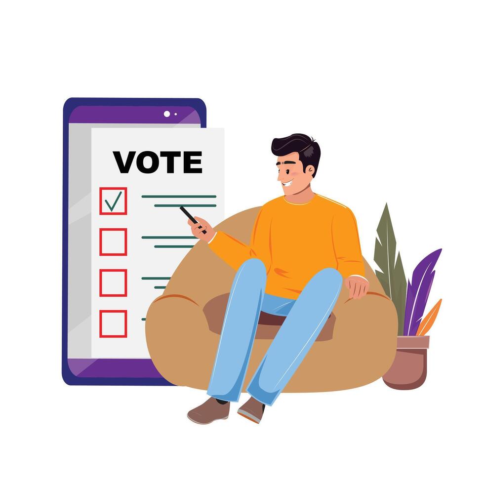 Illustration of a man using his phone for voting, with a big cellphone showing a ballot and a plant beside the armchair vector