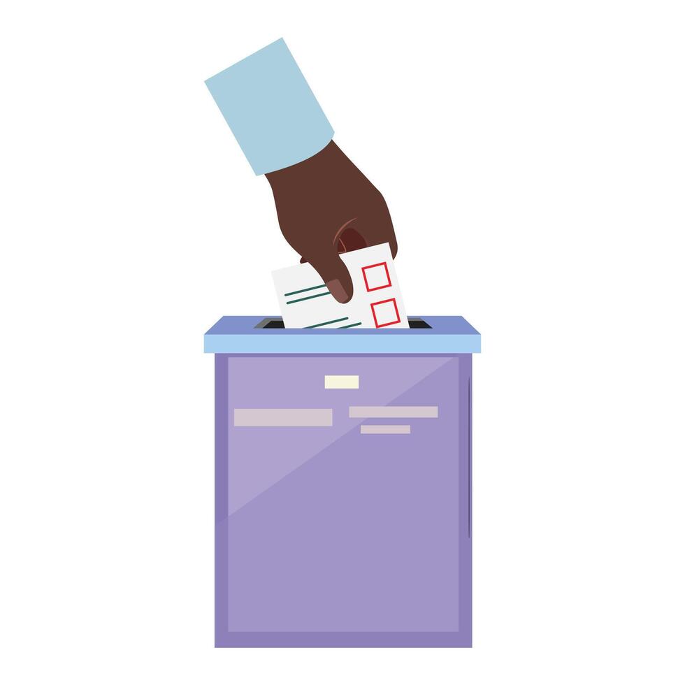 Black hand in blue shirt putting a voting paper into a ballot box, illustrating election and democracy concept vector