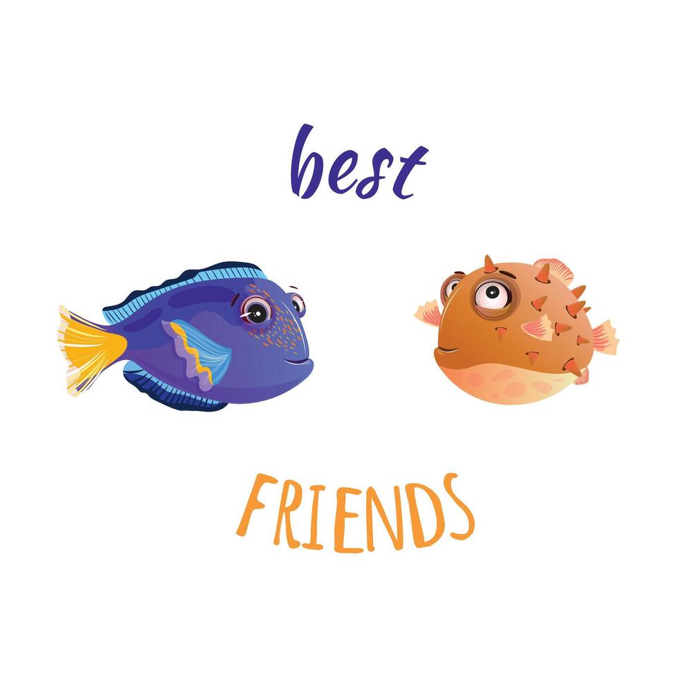 Cute fish buddies illustration for friendship themed designs and kids decor. Blue tang and pufferfish vector