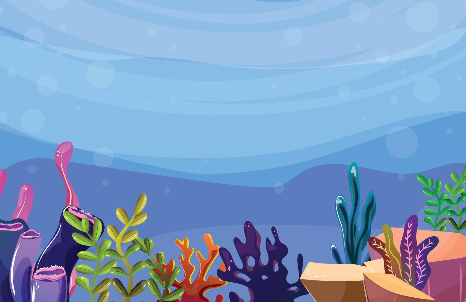 Sea-themed blank banner with coral reefs, stones, seagrasses, light reflections, waves, and bubbles, perfect for custom design vector